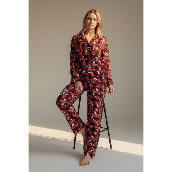 Disney Other - Disney Pajamas Womens M Red Buffalo Plaid Mickey Mouse Christmas 2pc Set NEW